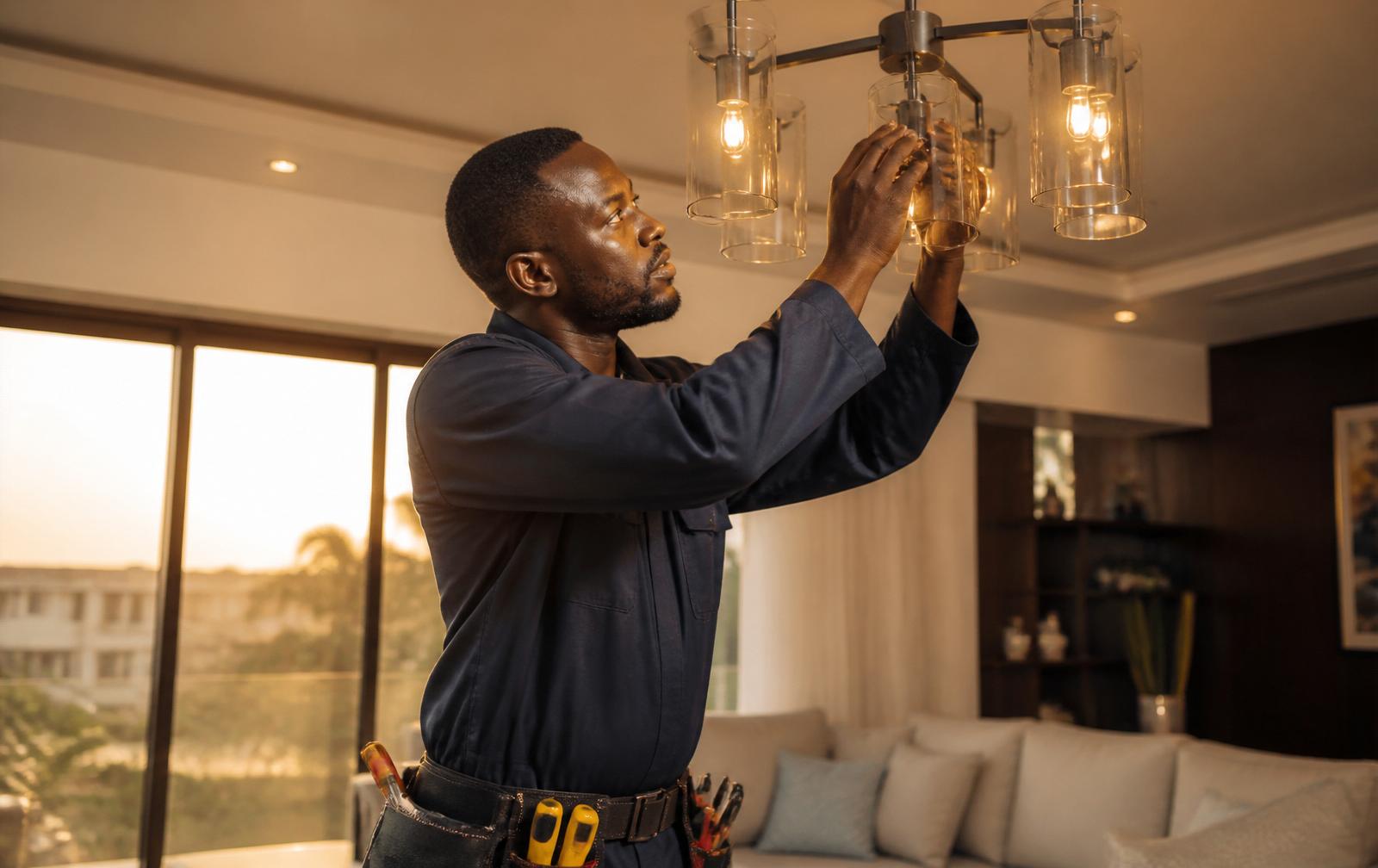 Verified electrician installing a modern light fixture in an Accra home
